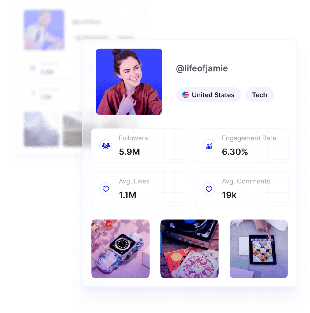 Grid of influencer profiles with engagement and audience metrics
