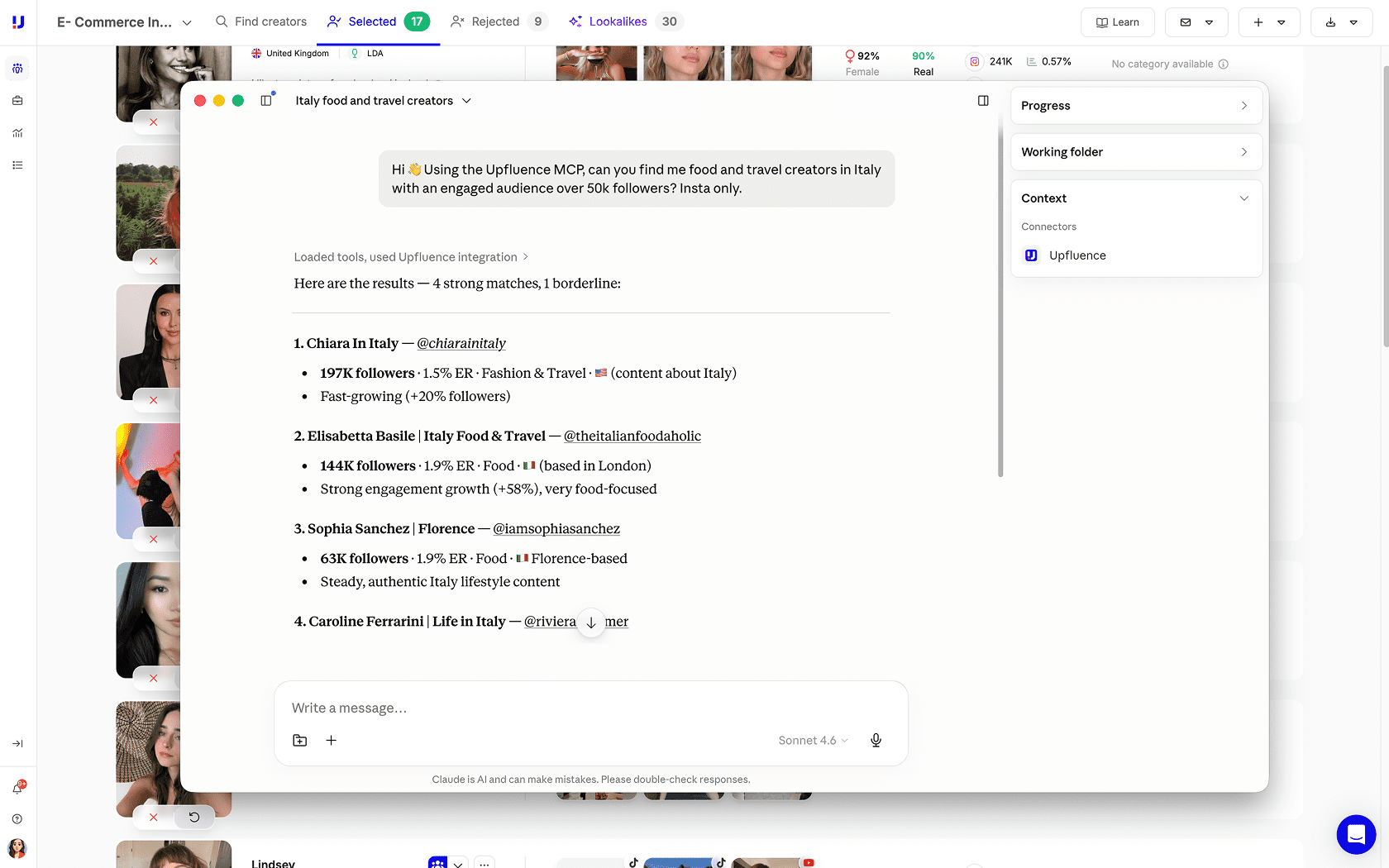 Illustration of using Upfluence data inside of Claude, the user is looking for italian creators and gets instant results with data