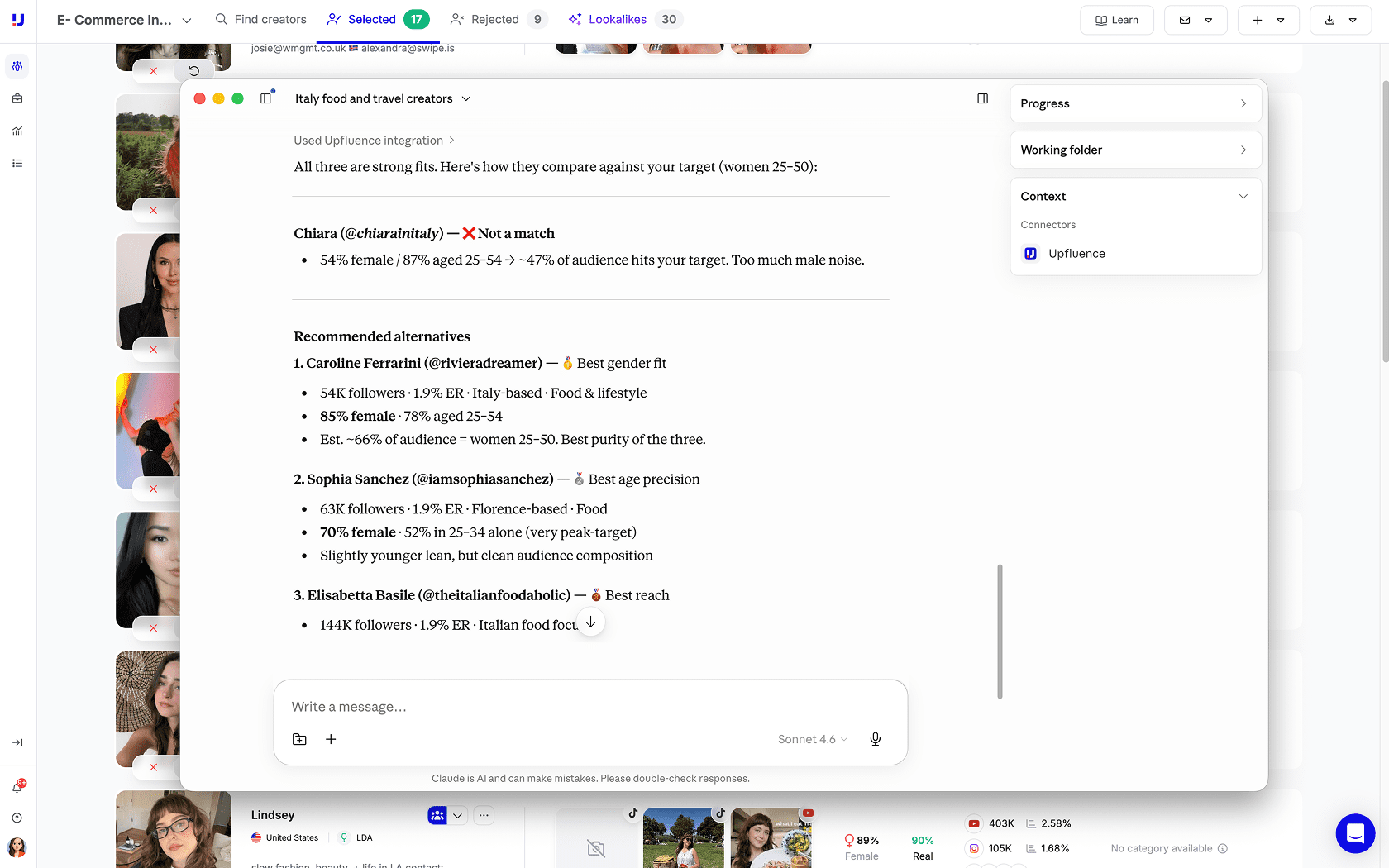 Illustration of a chat comparing multiple creators in a easy way with Upfluence's MCP