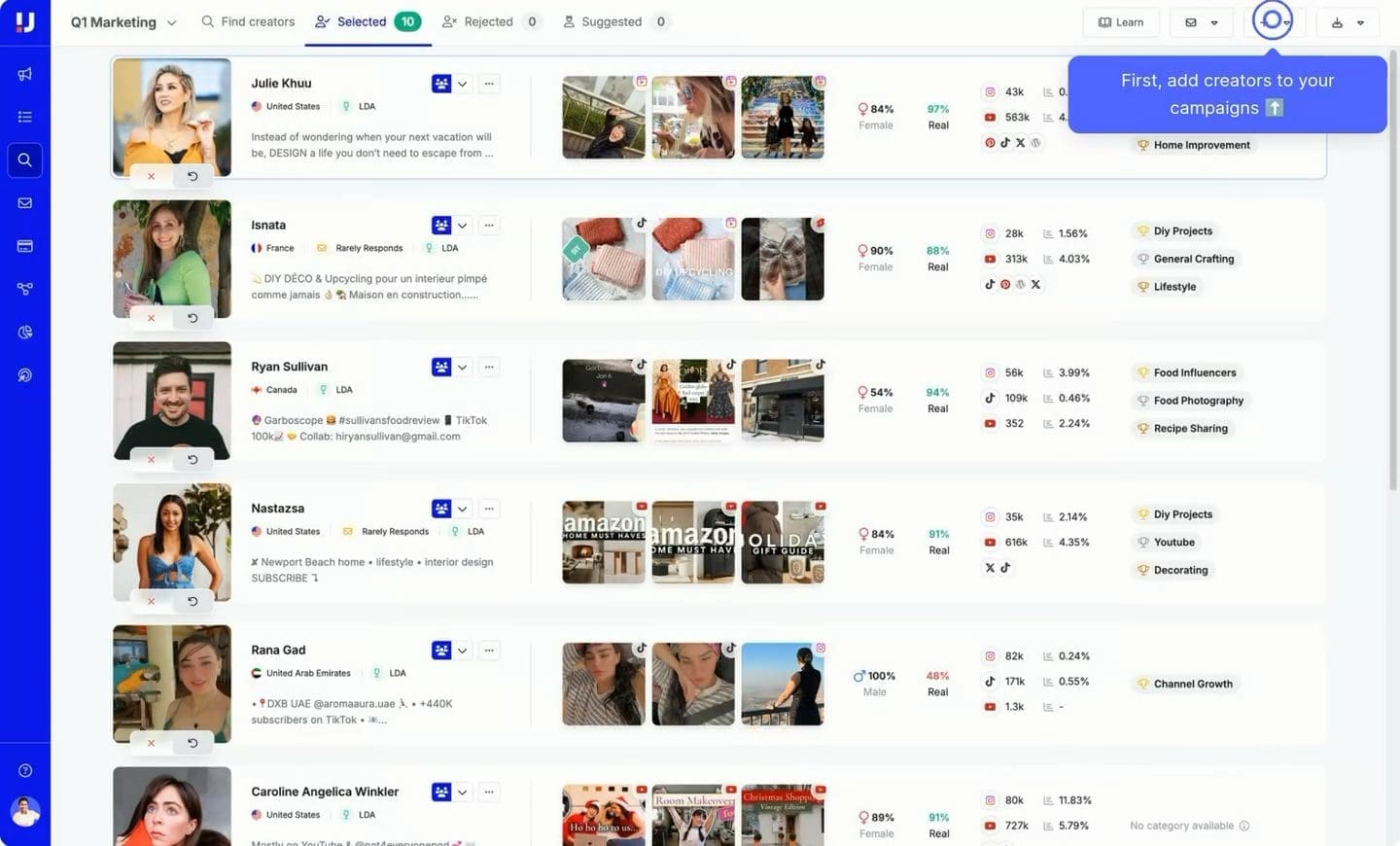 Upfluence workflow interactive product tour