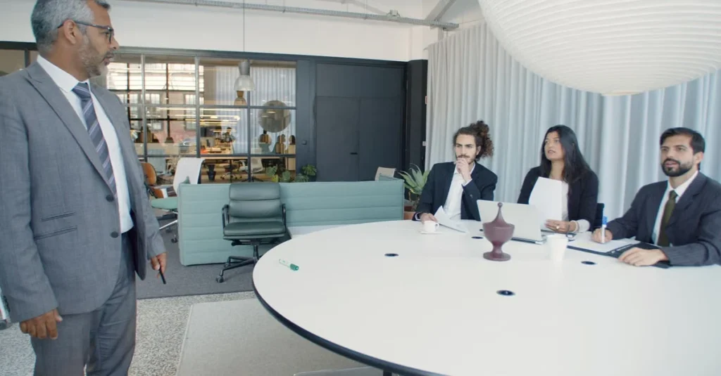 Executive presenting affiliate marketing platforms strategy to team in modern conference room meeting.