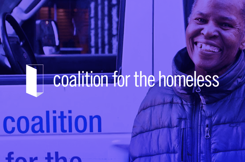 Coalition for the Homeless Organisation logo on a blue backdrop showing their van and a volonteer, smiling
