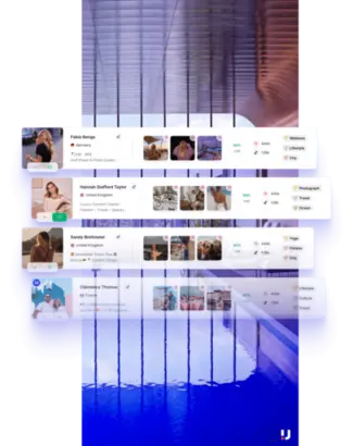 The image appears to be a digital dashboard or interface showcasing a selection of social media influencers. It features profile cards for four influencers, each including a name, country flag, travel-related tag line, social media engagement metrics, and topic badges. Starting from the top, the first profile is for Fabia Bengs from Germany, labeled as a "Golf Player & Pasta Queen," with 94% real engagement, 440k Instagram followers, and 126k TikTok followers. Her interests are tagged as Wellness, Lifestyle, and City. The second profile features Hannah Stafford Taylor from the United Kingdom, a "Luxury Content Creator" focused on Fashion, Travel, and Beauty, with an 89% real engagement rate, identical follower counts as the first profile, and interests in Photograph, Travel, and Ocean. The third profile is Sandy Breitmeier, also from the UK, providing "Worldwide Travel Tips," with 92% real engagement, the same follower metrics, and interests in Yoga, Fitness, and City. The last profile card is for Cl&eacute;mence Thomas from France, a content creator with over 1.5 million readers, boasting a 97% real engagement rate, and sharing interests in Lifestyle, Culture, and Travel. Below the profile cards is a modern, minimalist logo, possibly the brand associated with this campaign. The cards float over a reflective surface against a background image of a city at twilight, enhancing the professional and polished aesthetic of the influencer marketing campaign.